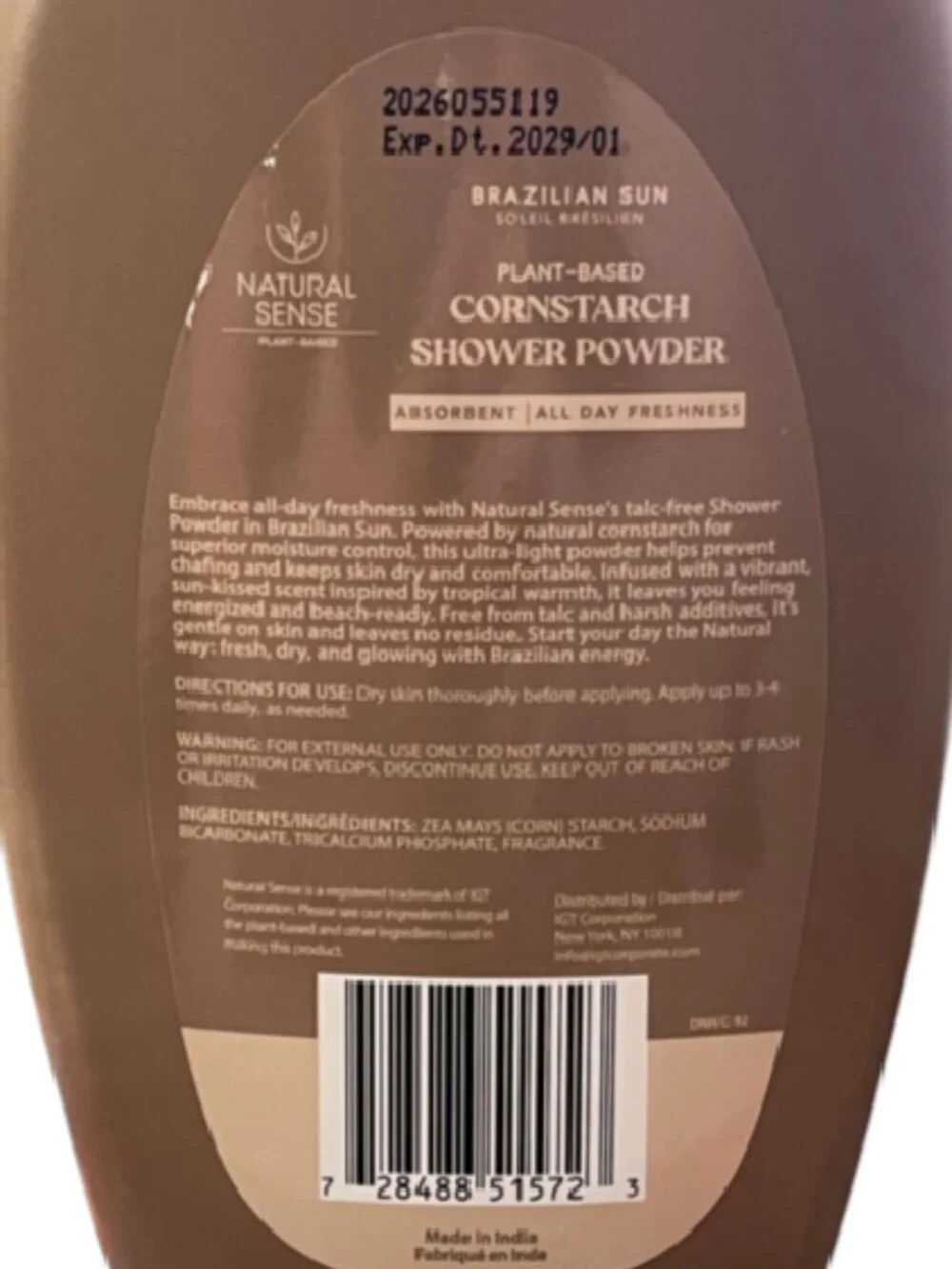 Natural Sense Brazilian Sun Plant-Based Cornstarch Shower Powder – 10 oz